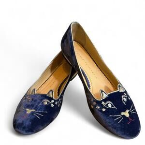 Charlotte Olympia Women's Blue Velvet Cat Flats EU 37 US 7